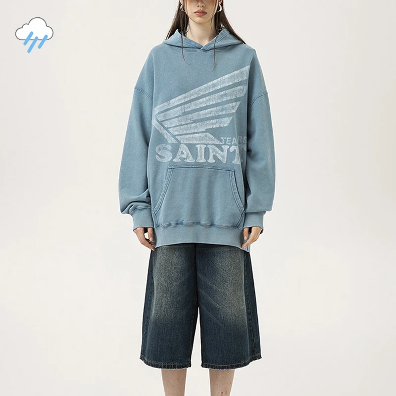 Men Women High Quality Cotton Washed Blue Black Saint Tears Hoodie Hip Hop Crack Letters Logo Print Pullovers Hooded Casual