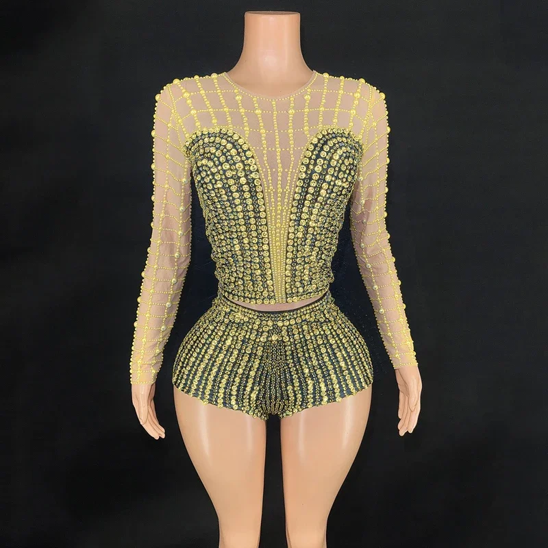 6 colori Gogo Dance Outfit Strass pieni Top Pantaloncini Sexy Jazz Body Donna Pole Dance Costume Stage Rave Abbigliamento XS7400