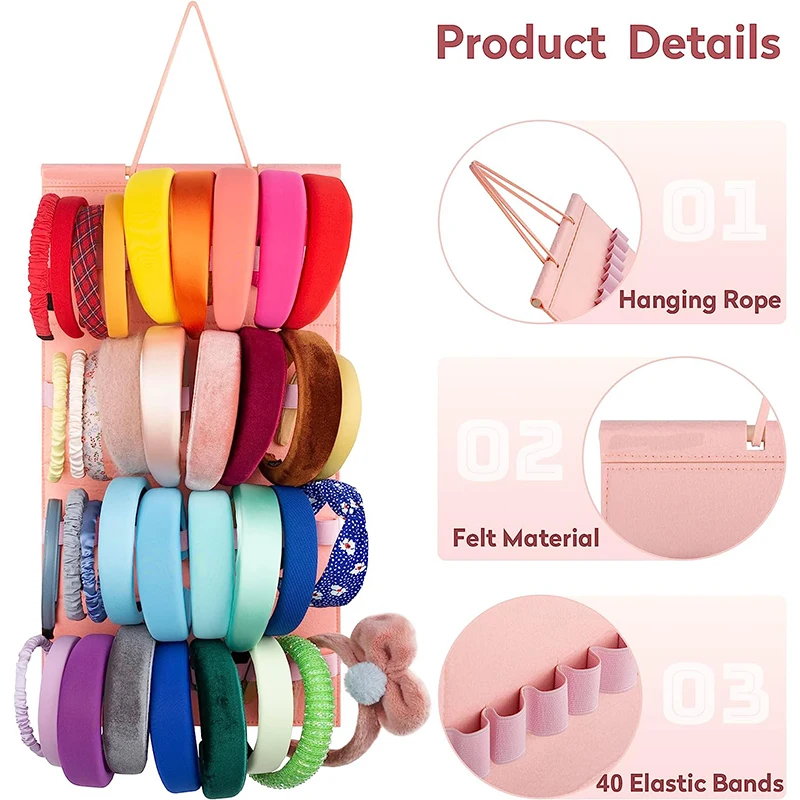 Soporte de diadema colgante de pared para mujeres y niñas, organizador de diademas de fieltro, almacenamiento de lazo para el cabello, horquillas, accesorios para el cabello, soporte de exhibición