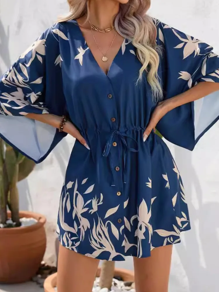 Sukienka plażowa z nadrukiem, damska, modne rękawki 3/4, dekolt w serek, wysoki stan, zapinana na guziki, wiązana, luźna mini sukienka dla kobiet, codzienna, wakacyjna, w stylu boho, nowa.