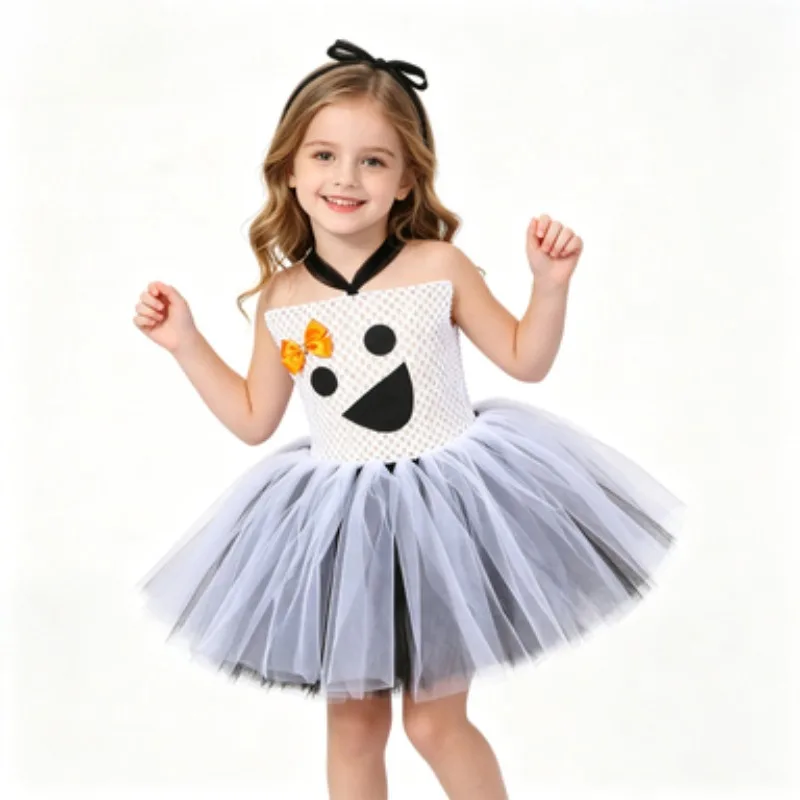 Little Girls' Spooky‑Style Puff Dress,Kids' Halloween Carnival Outfit,Cute Cartoon Tulle Dress for Children,Suitable for Parties