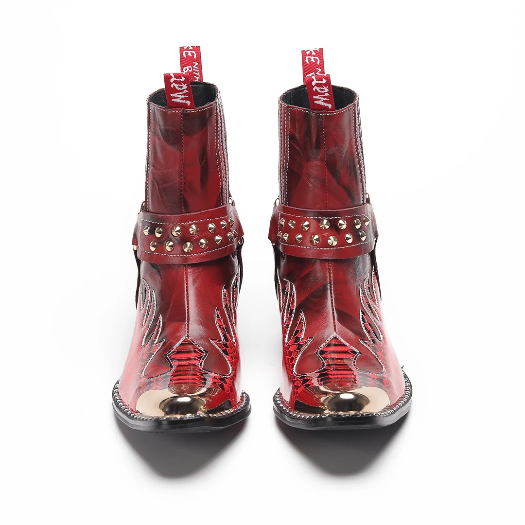 Herren-Designer-Stiefeletten aus echtem Leder mit Metallspitze, Nieten-Dekor und Print, Übergrößen, Cowboy-Motorrad-Schuhe für Business – Detail 7