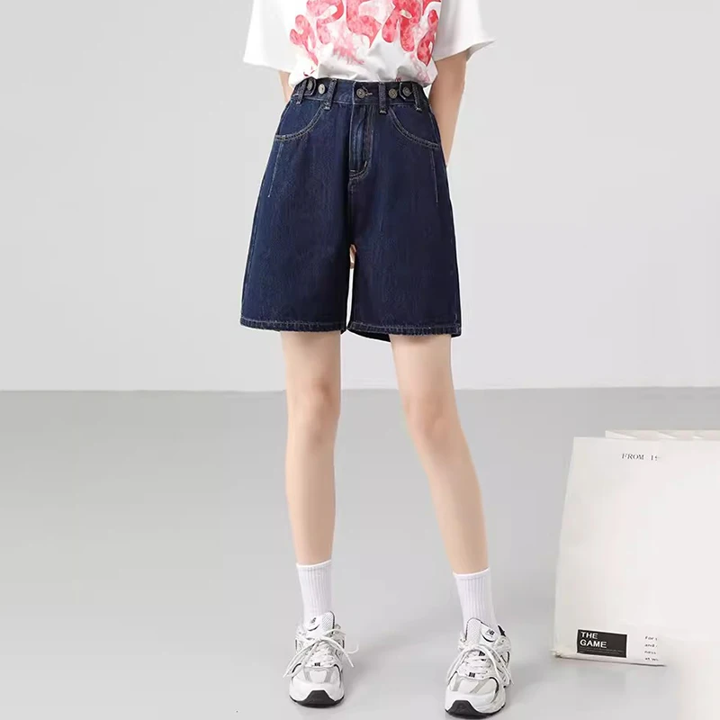 

New Women Summer Dark Blue Denim Shorts Fashion All-match Stretch Waist Loose Shorts Casual Basic Straight Thin Shorts