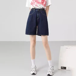 New Women Summer Dark Blue Denim Shorts Fashion All-match Stretch Waist Loose Shorts Casual Basic Straight Thin Shorts