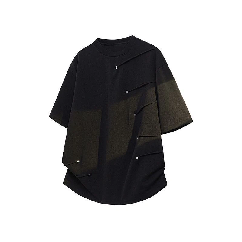 Men American High Street Deconstruct Rivet Pleated Gradient T-shirt Summer O Neck Loose Short Sleeve Unique Designer Casual Top