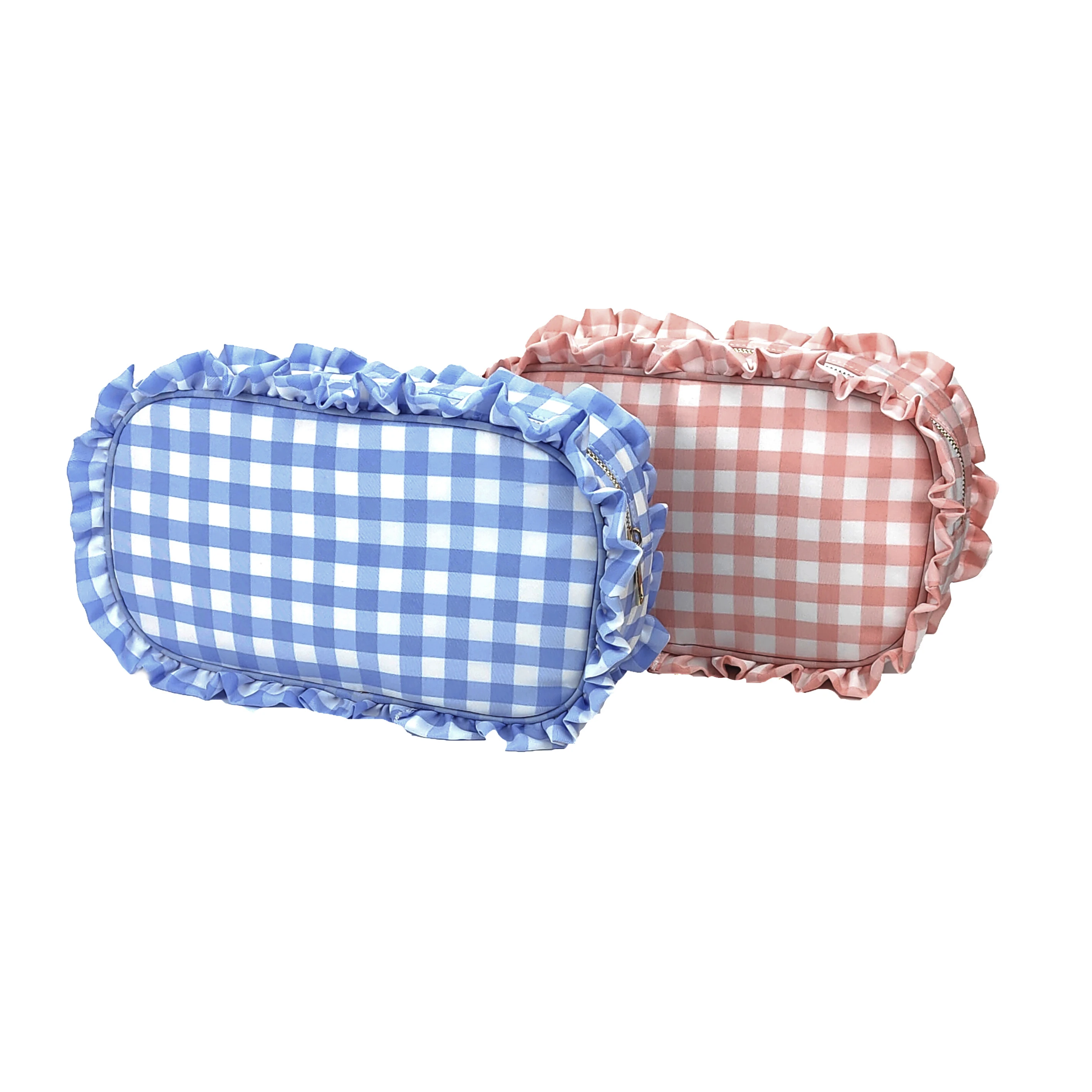 1pc Ruffle Plaid Cosmetic Bag Personalized Nylon Pink Toiletry Bag New Travel Cosmetic Makeup Bag Organizer Bride Party Gift