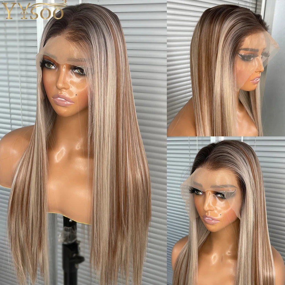 

Women's 13x6 Ombre Highlights Long Silky Straight Futura Lace Front Wigs Glueless Half Hand Tied Swiss High Temperature Fiber