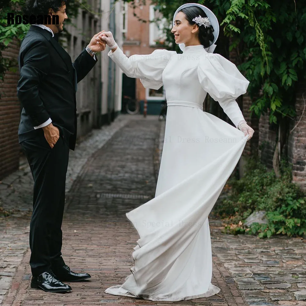 Musulmano semplice collo alto a-line abiti da sposa manica a sbuffo bottone lunghezza pavimento nastro abito da sposa pennello treno robe de mariée