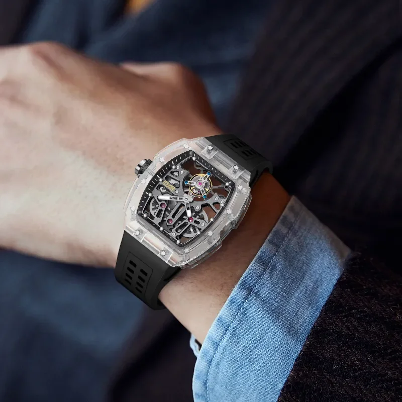 BEXEI Роскошные мужские часы с кристаллами K9 и турбийоном, механические наручные часы со скелетом и летающим турбийоном, винтажные 9127