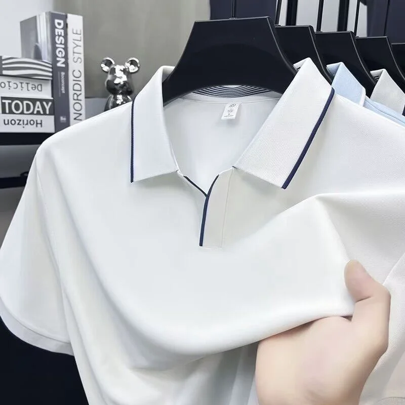 Men's Ice Silk Cool Feeling Short Sleeve  Shirt Turn-down Collar Mid-aged Dad Style High-end T-shirt Summer Breathable Bu...
