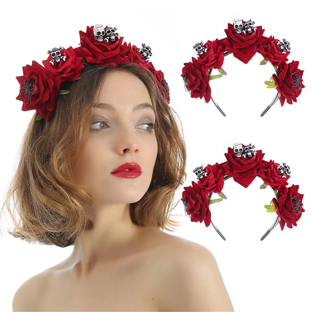 Unique Spider Skull Halloween Headpiece Party Costume Hair Accessories Flower Headbands Mexican Rose Flower Crown for Women