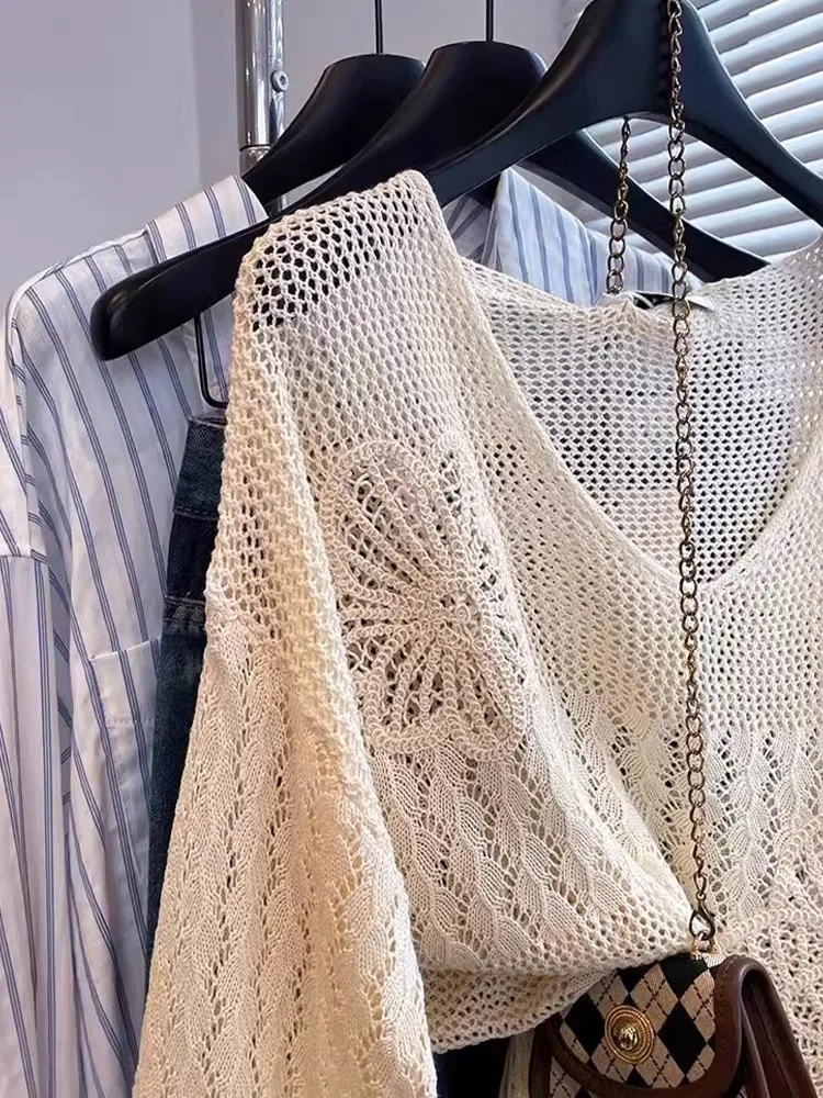 Top da donna alla moda lungo Sve lavorato a maglia scavato ricamato sciolto comodo casual Sle V-Ne primavera autunno Faion