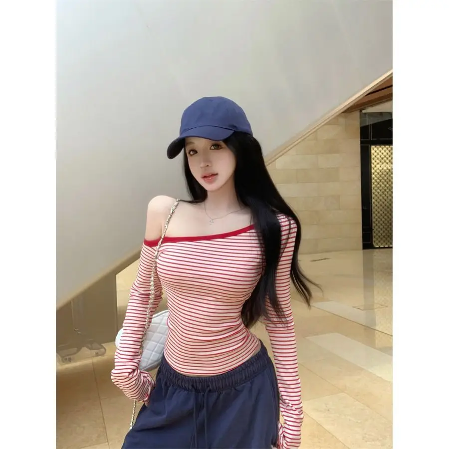 Slim Fit Striped Long Sleeve T-Shirt Women's Spring 2026 Sexy Short Style Unique Beautiful Unique Style Casual Streetwear