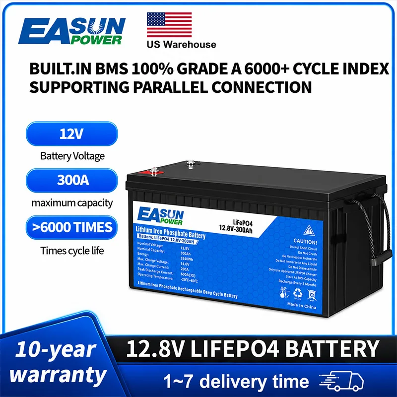 Easun Power 12V 300Ah Lifepo4 Battery Grade A 12.8V Cell Parallel and Customizable BMS+2000 Cycle Life America Stock For Home Storage Portable Power Station