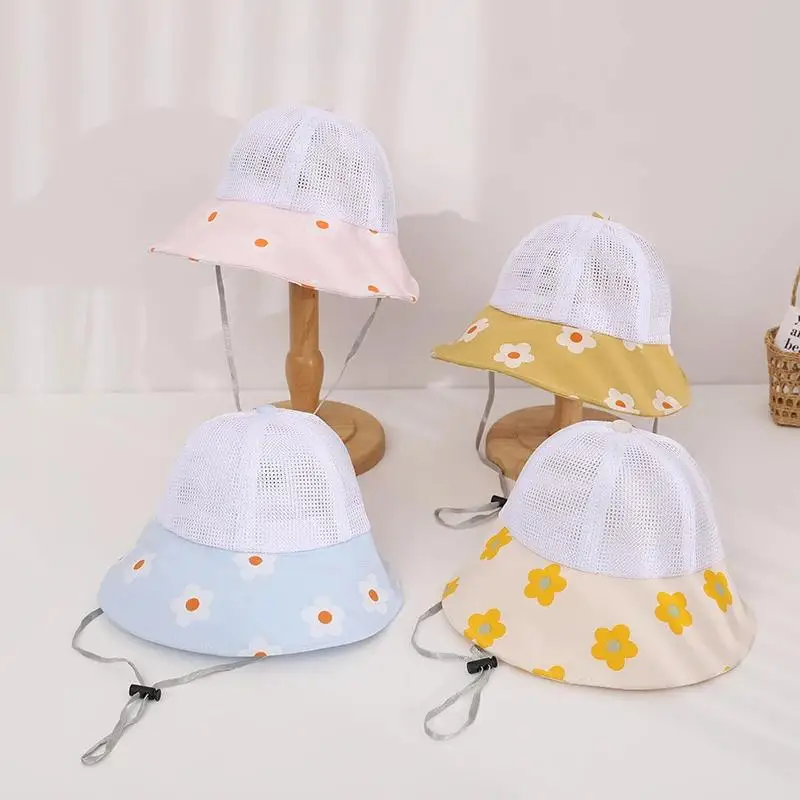 Summer Baby Bucket Hat for Girls Sweet Floral Sun Hats Breathable Mesh Cap Outdoor Travel Foldable Caps Babies Accessories 1-3Y