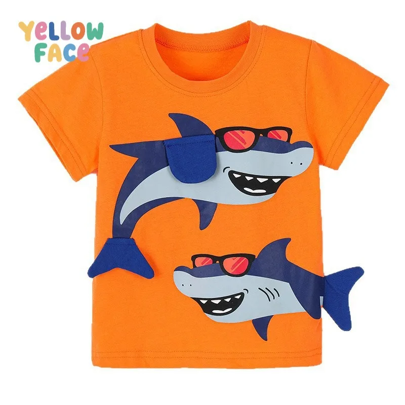 Sommer T-Shirt mit Hai-Print für Jungen und Mädchen, Kinder-T-Shirt aus reiner Baumwolle mit Rundhalsausschnitt und kurzen Ärmeln, Freizeitkleidung für die Schule und Alltag