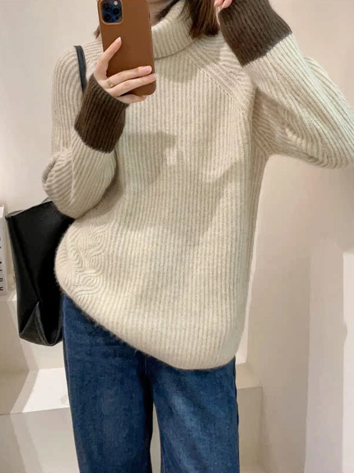 

Thiened Long Sve Camere Sweater High Collar Loose Fit Soft Base Layer irt Color Blo Knitted Vintage Sle Winter Wear