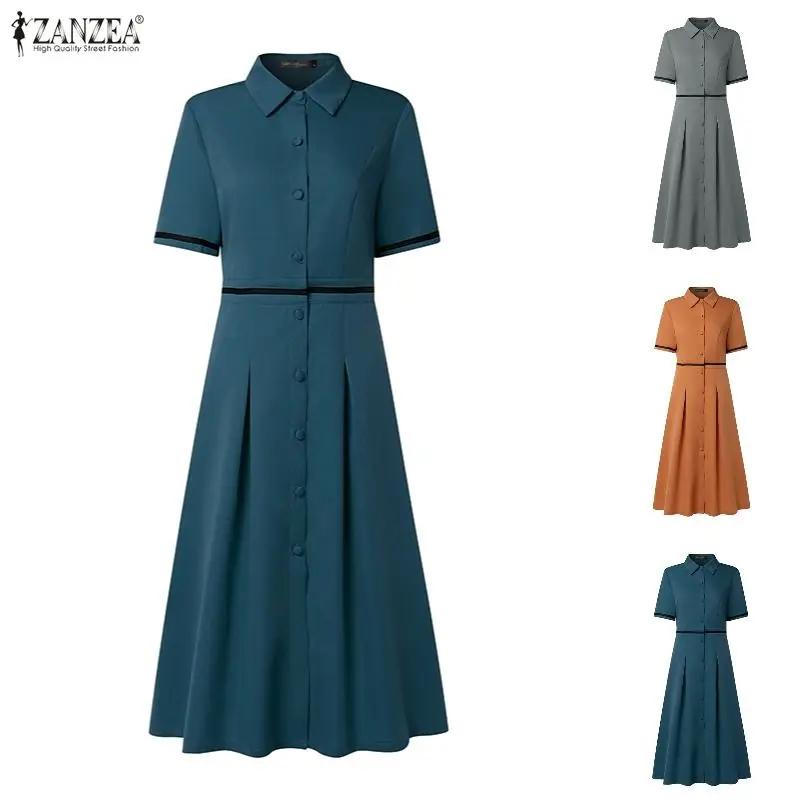 ZANZEA Elegante Damen OL Arbeitskleider 2026 Sommer Kurzarm Reverskragen Sommerkleid Lässiges Knopfkleid Urlaub Midi-Kleider
