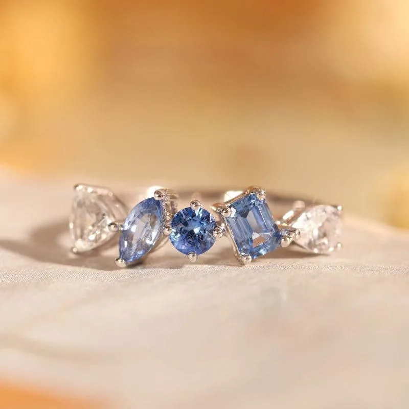 Light Luxury Gradient  Sea Blue Crystal Irregular Rings for Women New in Ideas High Quality Simple Wind Droplet Silver Jewelry