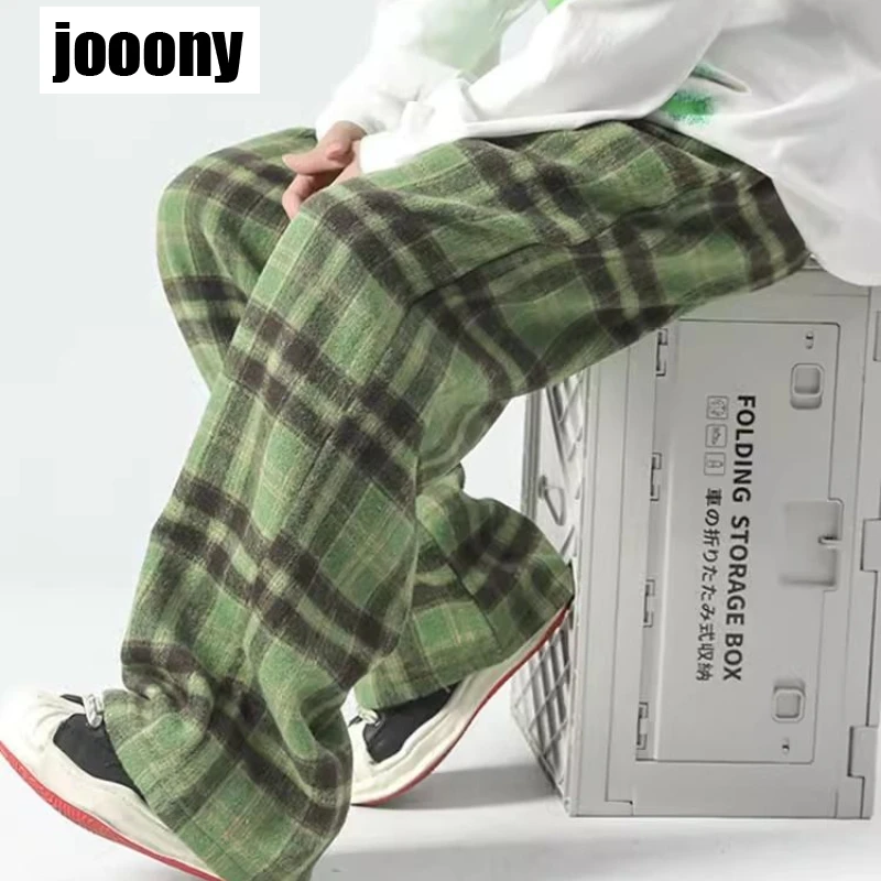Loose Plaid Joggers Pants Men New Vintage Streetwear Pants Fashion Casual Hop Hop Elastic  Straight Trousers Versatile Harajuku