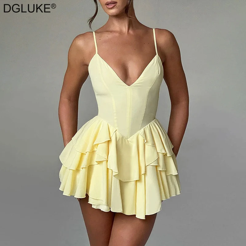 

DGLUKE Spaghetti Strap Tiered Ruffle Mini Dress V-Neck Backless Asymmetrical Summer Dress Woman Sexy Short Party Club Dresses