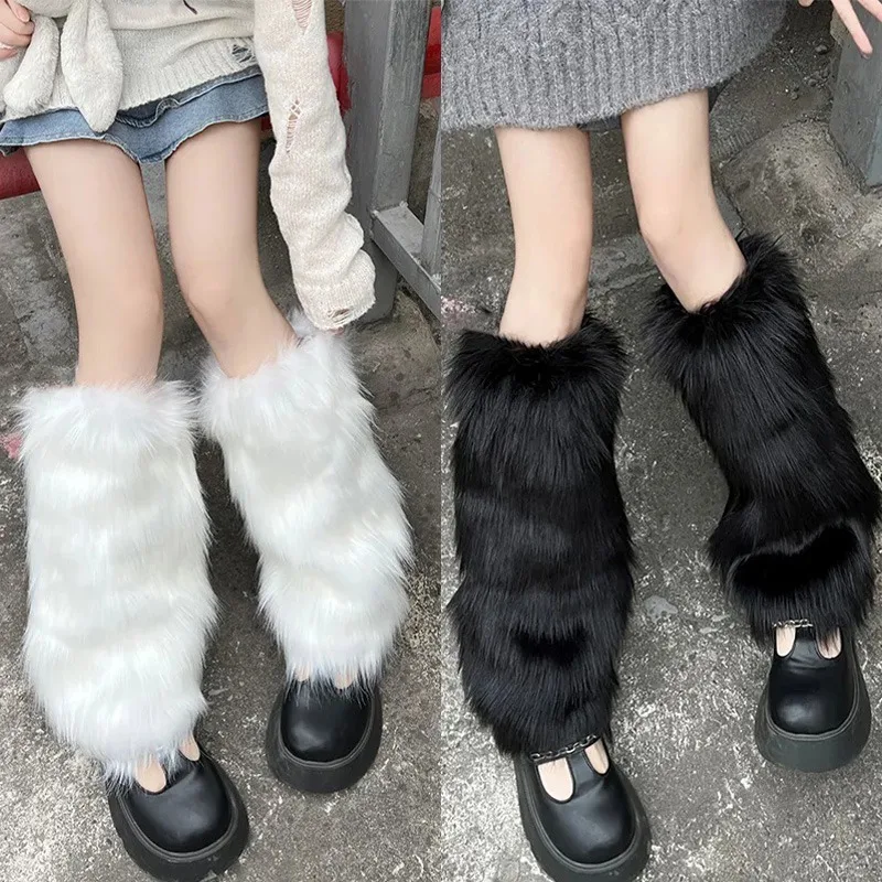 2 pasang Penutup Kaki Bulu Imitasi Hitam Putih Vintage Y2K Penutup Sepatu Lolita Jepang Jk Penghangat Kaki Musim Dingin Fashion Hangat Kaos Kaki Hangat