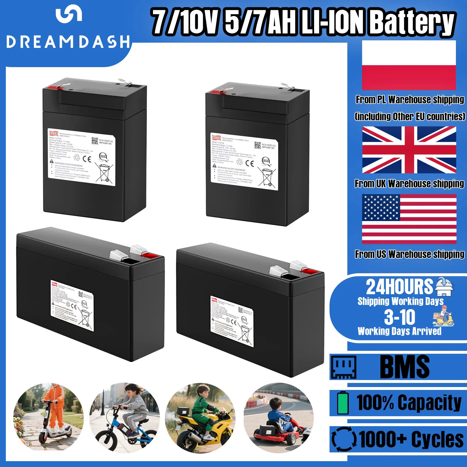 

Dreamdash 10V 7.5Ah Li-ion Battery for Kids Electric Car/Toy Motorcycle Replaces 7V 5.0Ah Child-Safe Lightweight Fast Charge