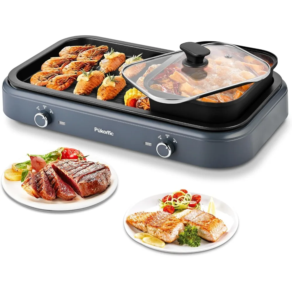 

Pukomc Electric Hot Pot with Grill，2 in 1 Korean BBQ Grill Shabu Shabu Hot Po， 1500W / Temperature Control, Quick Heating Detach
