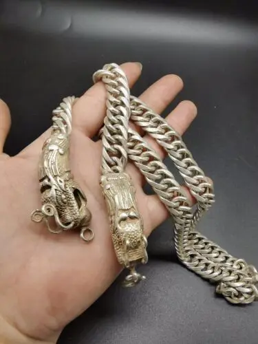 62cm Old Chinese Tibet Silver Handcarving Double Dragon Head Necklace