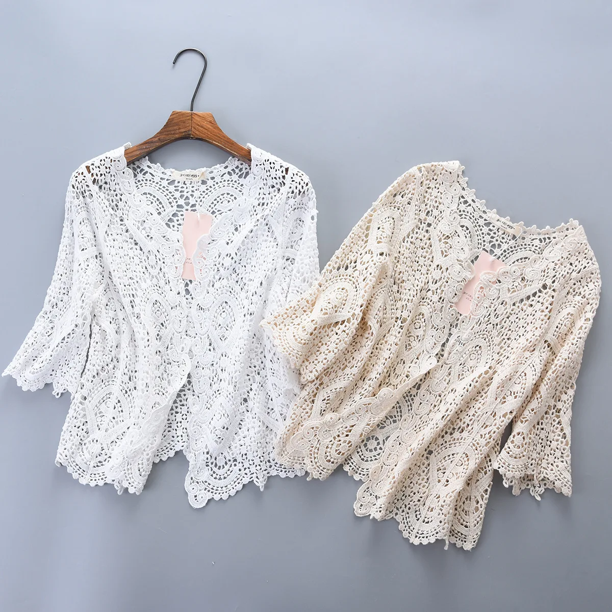 Knitted Shrug Women Bohemian Style Midi Sleeve Lace Open Cardigan Short Knitting Outwear Hollow Out Sweater Geometric Tops