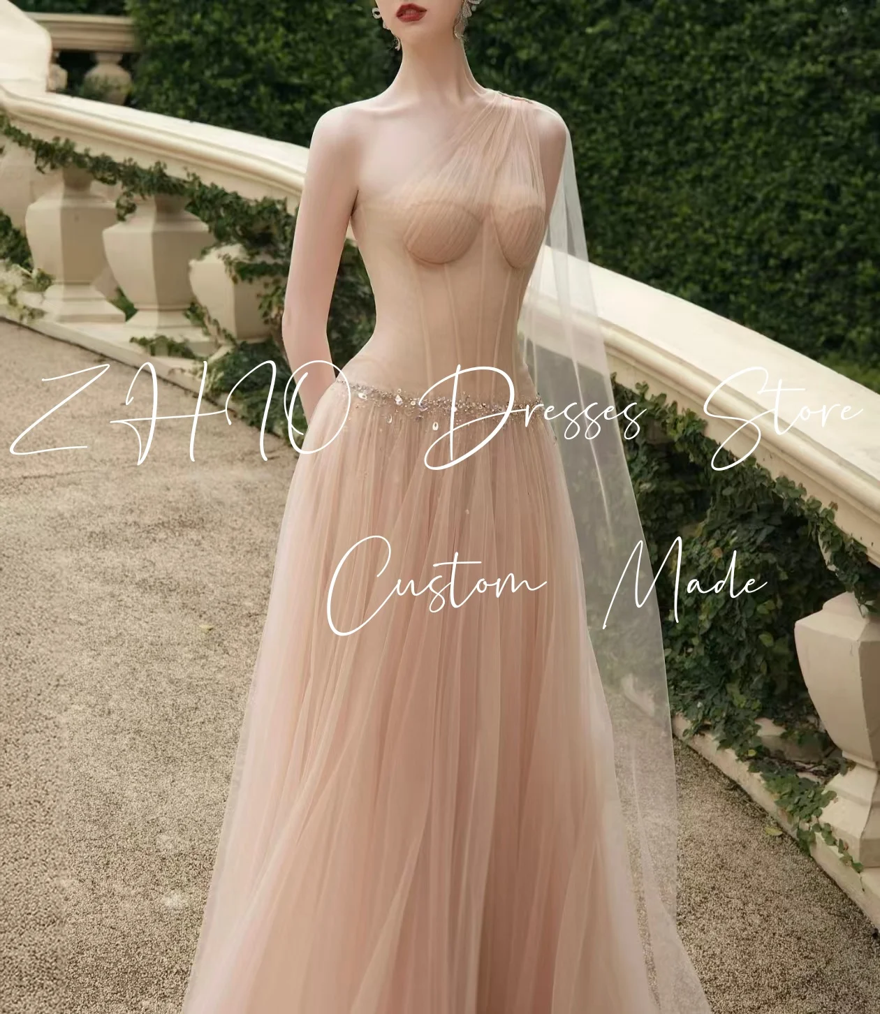 ZHIO 우아한 샴페인 튤 비즈 이브닝 드레스 원 숄더 롱 자켓 A라인 특별한 날 웨딩 파티 프롬 가운 맞춤 제작