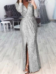 Autumn New Women's Solid Long Skirt Evening Gown Deep V-neck Sparkly Dress Skirt Dinner Sexy Dress Elegant Lady Party Dress