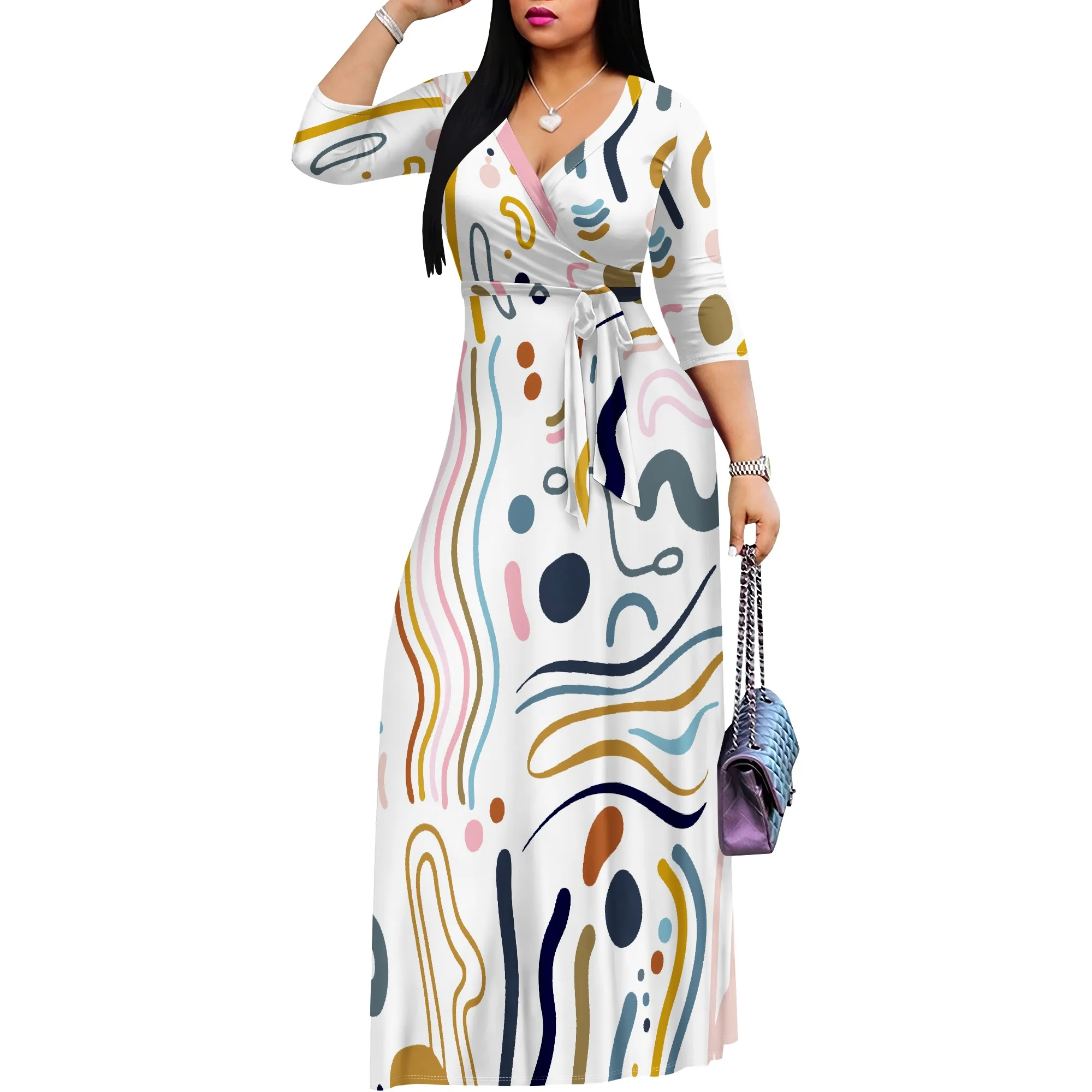 Seksowna sukienka damska z krótkim rękawem i dekoltem w szpic Boho Long Dress Fashion Printed Split Hem Club Party Casual Vacation Maxi Dress