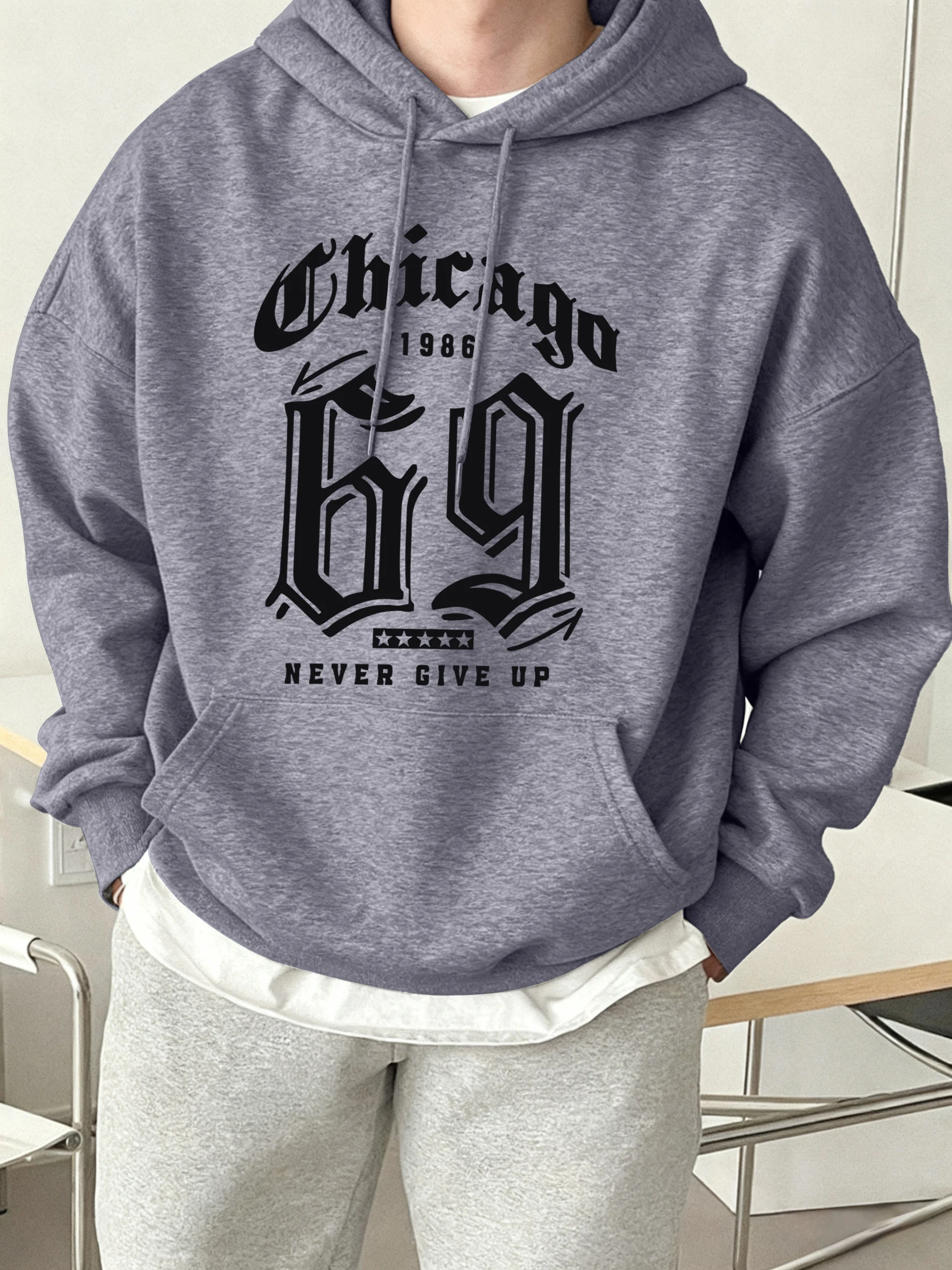 

Толстовки с принтом Chicago Never Give Up, мужские повседневные толстовки с карманами, осенняя винтажная мужская уличная флисовая удобная одежда