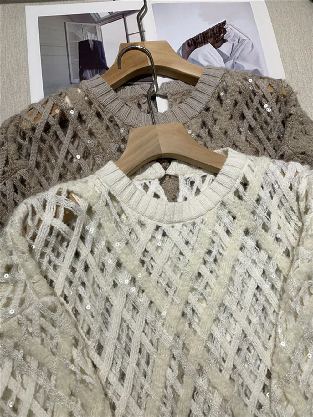 High Quality Cashmere Mohair Pullover Sweater Heavy Sequin Woven Hollow Hook Flower Women'S Knitted Tops