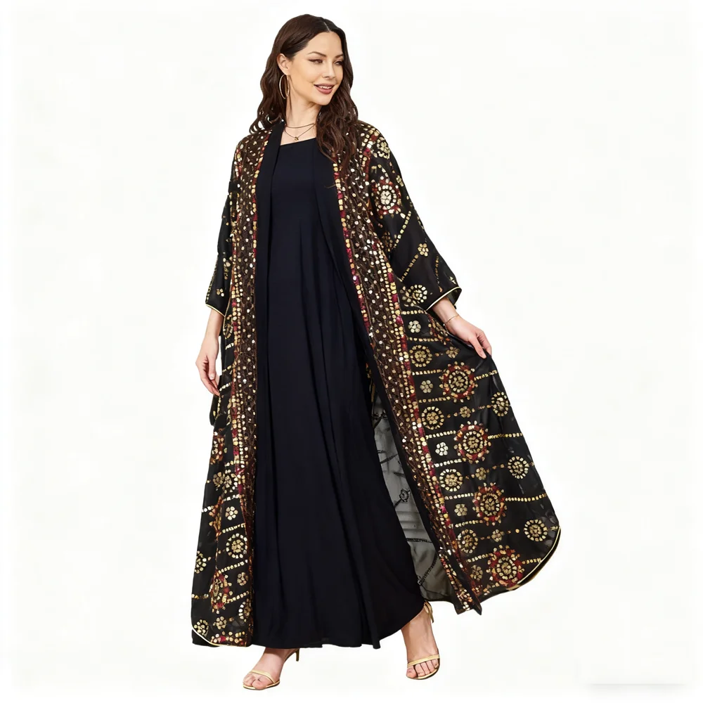 

Черные мусульманские комплекты для Рамадана, внутреннее платье, кимоно, аббай, вышивка, вечерние халаты с блестками, Рамадан, марокканский арабский турецкий кафтан, Абая