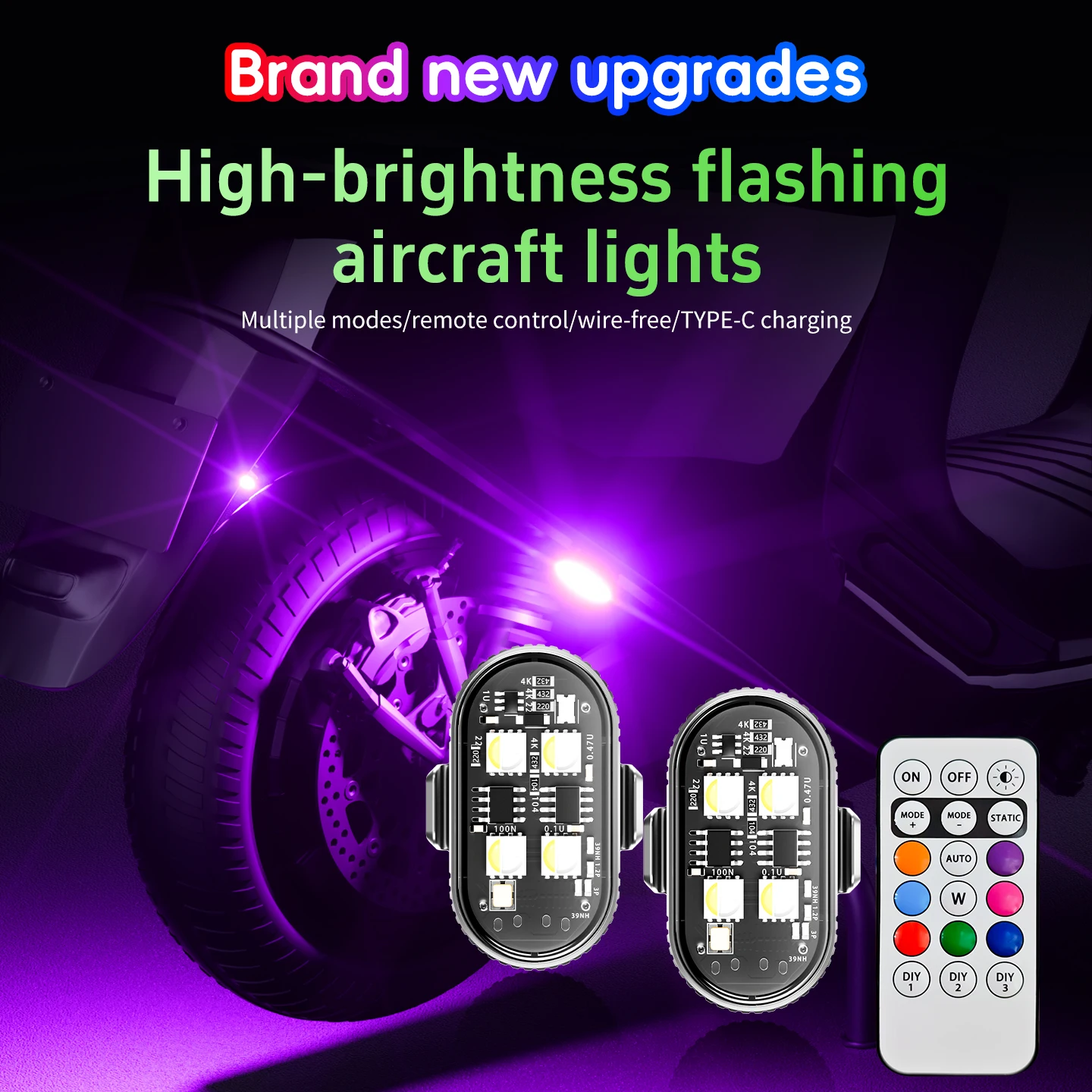 

2PCS LED Strobe Light Motorcycle LED Flash Warning Light RGB Car Decoration Atmosphere Lamp With Remote Control Motor Car
