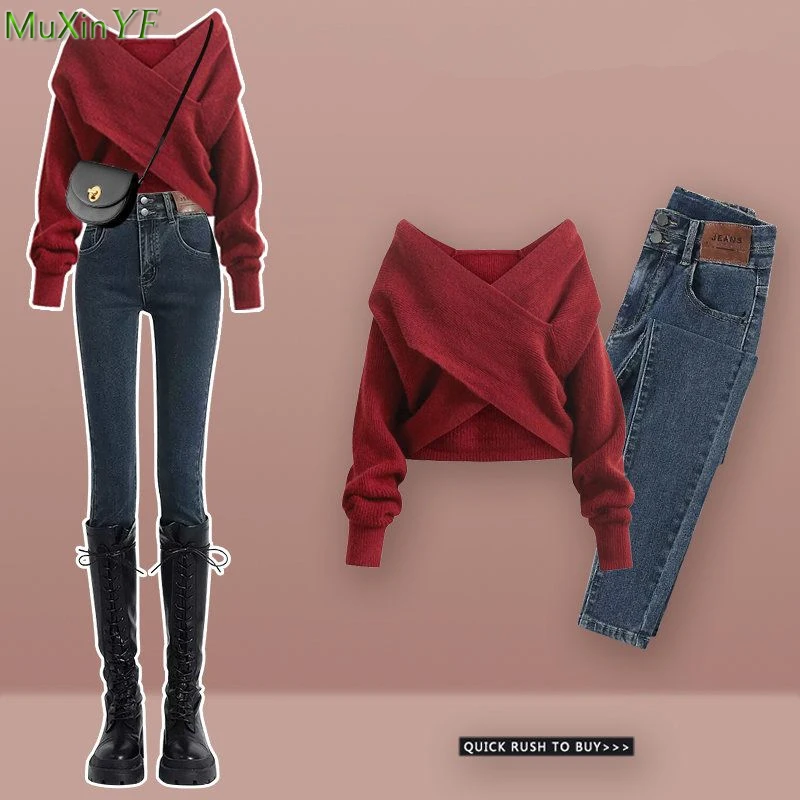 

Autumn Winter Fashion Cross Sweater Denim Pants 1 or 2 Piece Set 2023 Korean Lady Knitted Pullover Jeans Outfits Lucky Red Tops