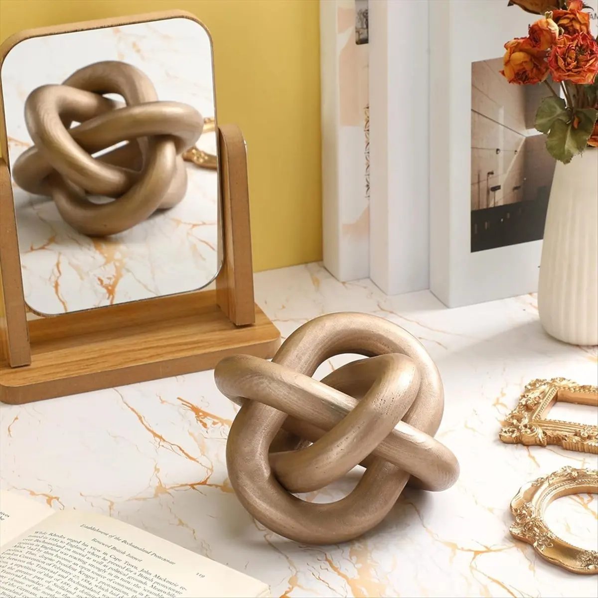 A95G 3 Link Wood Knot Decor - Hand Carved Coffee Table Decoration,Rustic Objects for Home,Living Room Bedroom(Champagne)