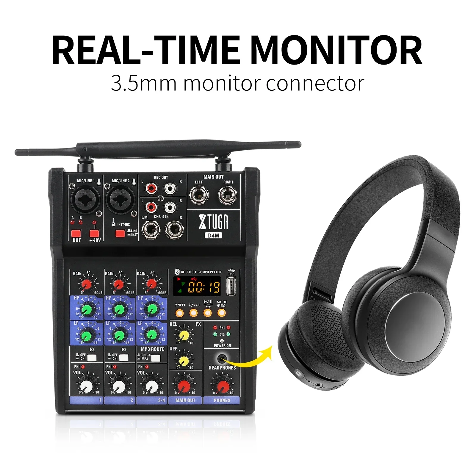 

Professional Portable UHF Dual Channel Wireless Microphone Vocal Effects Mixer DJ Console Digital Audio Music Mixer With Reverb