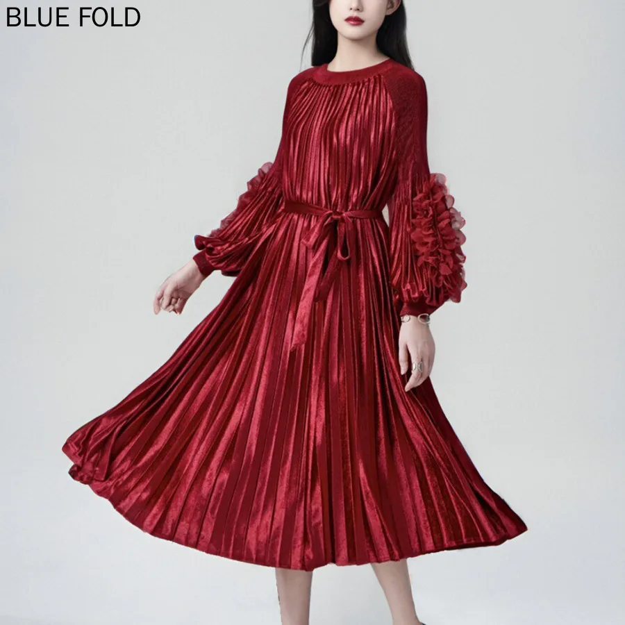 

European and American Women's Gold Velvet Dress High-end Temperament Autumn and Winter Thick Style Large Swing Pleated Dress