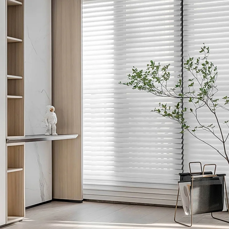 

Runchen 100% Polyester Curtains Custom Horizontal Shangri-la Blinds Striped Sheer Blinds Cordless Automatic Blinds Fabric Modern