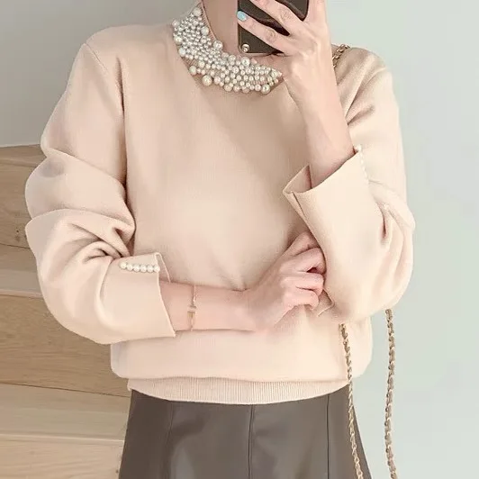 Pearl Beading Vintage Pullover Sweater Women 3/4 Sleeve Half High Collar Tops Solid Elegant Ladies Jumpers 2022