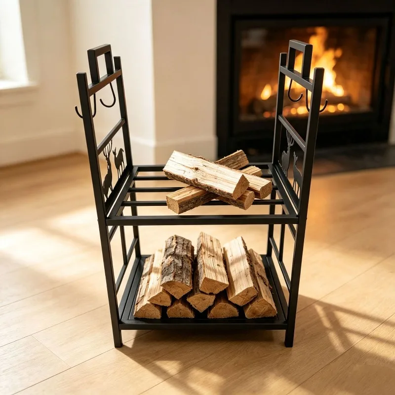 Match storage rack next to wrought iron indoor fireplace Double-layer firewood rack with hook fireplace tool storage rack