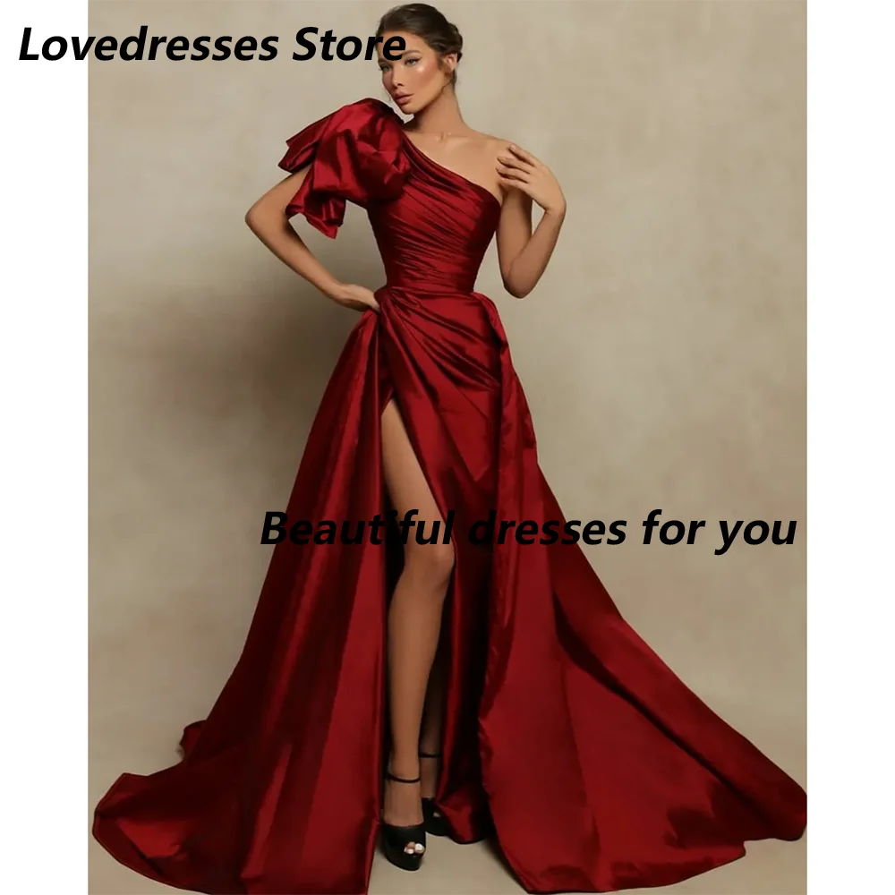

Dark Red Evening Dresses One Shoulder Side Split A Line Evening Gowns Maxi Sleeveless Zipper Up Elegant Formal Dress Customized