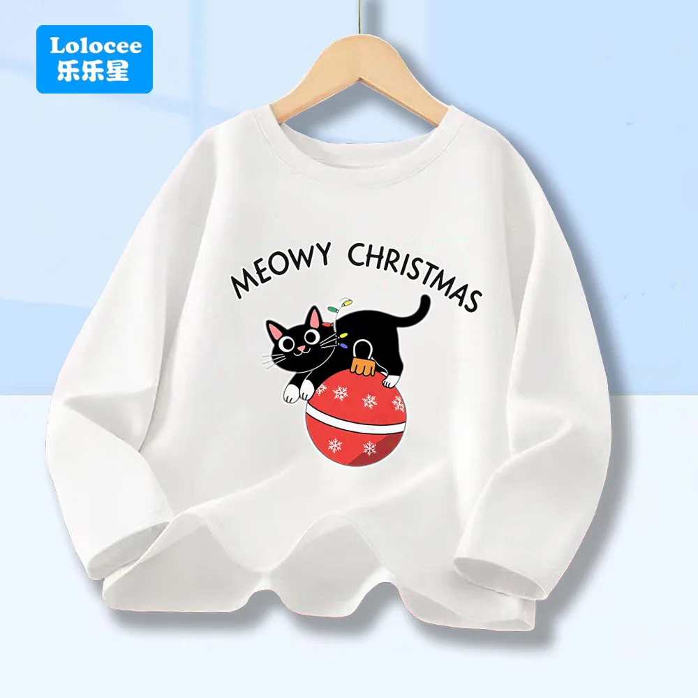 Kätzchen Weihnachtsbaum Junge Mädchen Langarm T-Shirt Schwarze Katze Weihnachten Grafikdruck T-Shirts Meowy Weihnachtslichter Neuheit Tops MSD2
