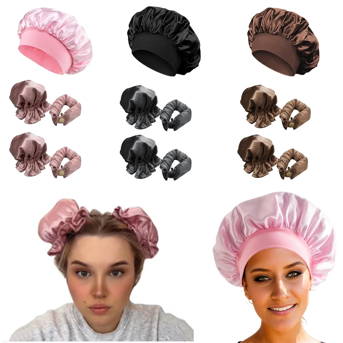 Heatless Hair Curler Satin Sleeping Bonnet Set No Heat Hair Rollers Soft Curling Rod Headband Curls Lazy Curlers Night Cap Hat