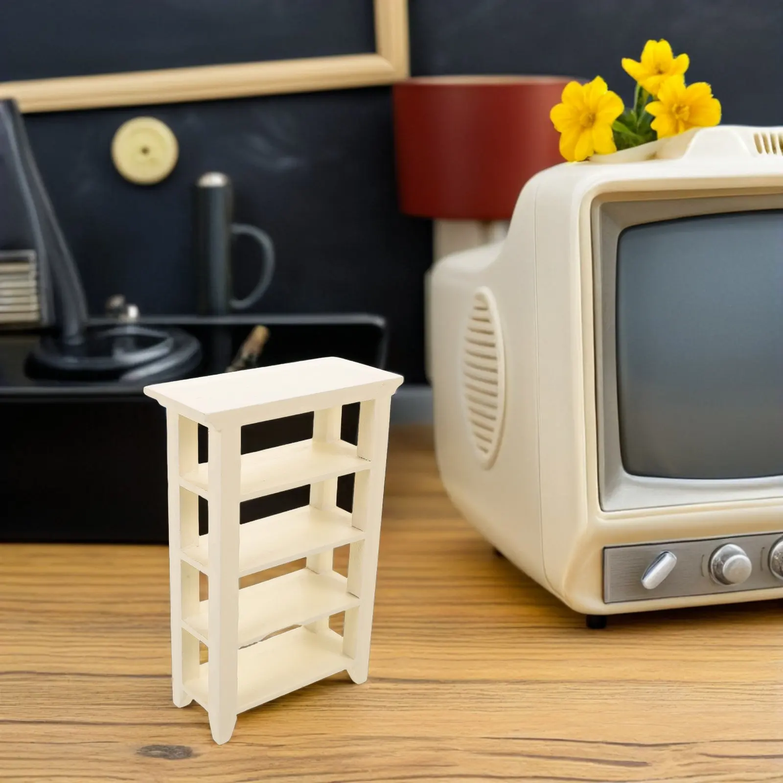 

Белая 4-ярусная миниатюрная книжная полка-витрина, прочный напольный деревянный шкаф для организации аксессуаров для кукольного домика