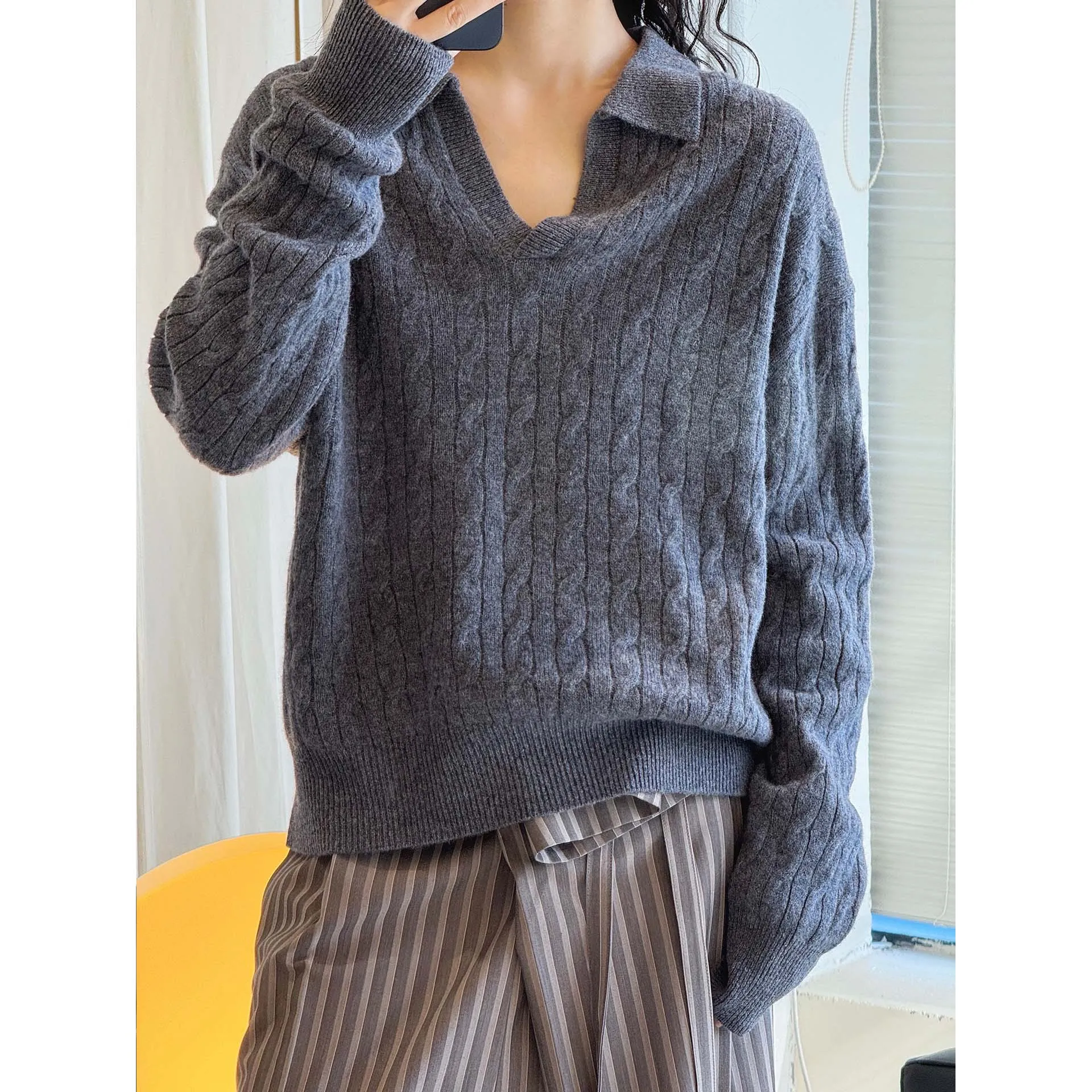 

Spring Polo's Collar Cable Knit Wool Sweater Loose Comfortable Top For Women
