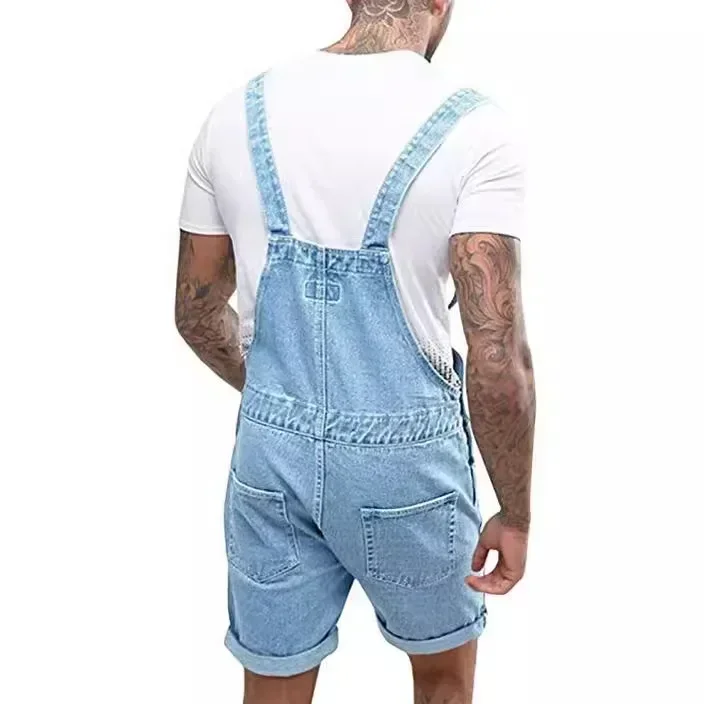 Macacão jeans masculino cintura média macacão de uma peça estilo safari na altura do joelho denim casual sólido bolsos de lavagem novo